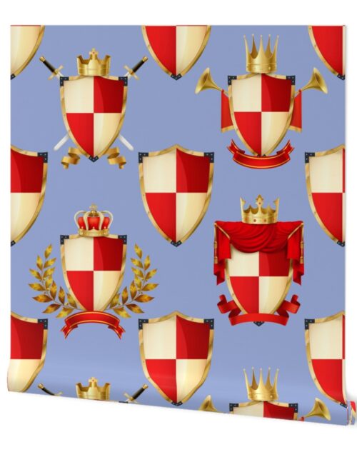 Heraldry Shields with Royal Crowns and Banners in Red on Blue Wallpaper