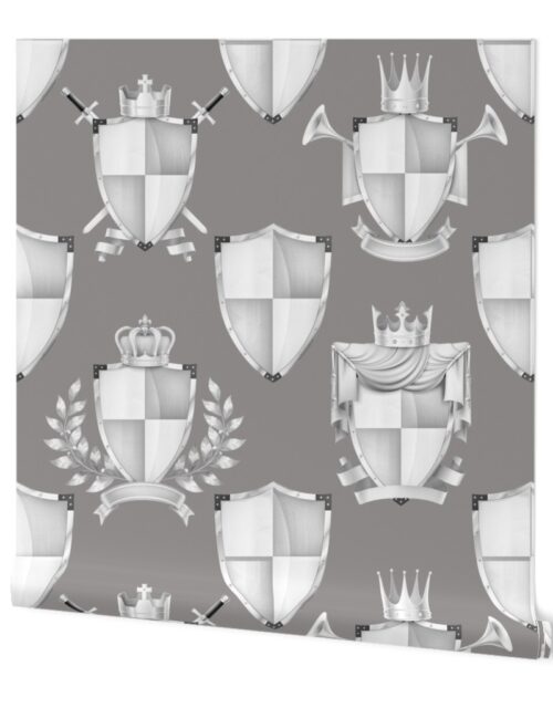Heraldry Shields with Royal Crowns and Banners in Grey on Grey Wallpaper