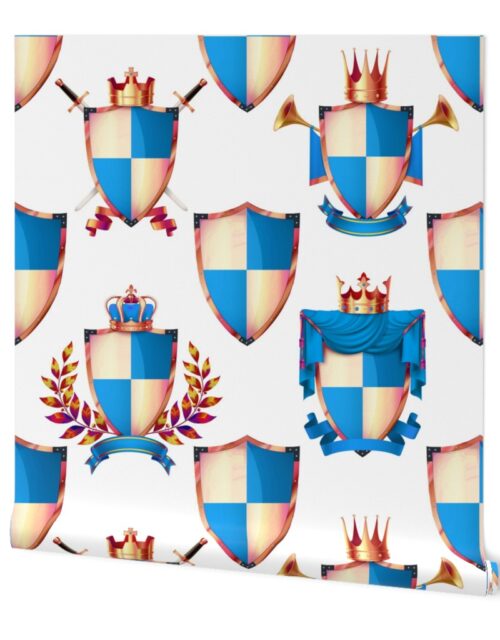 Heraldry Shields with Royal Crowns and Banners in Turquoise on White Wallpaper
