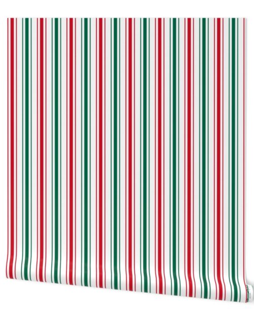 Mexican Flag Colors Red, White and Green Ticking Stripes Wallpaper