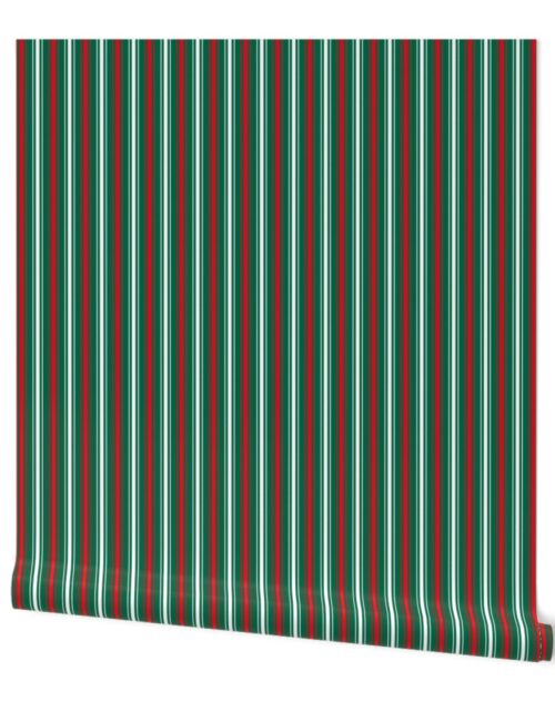 Small Red White and Green Christmas Ticking Stripe Wallpaper