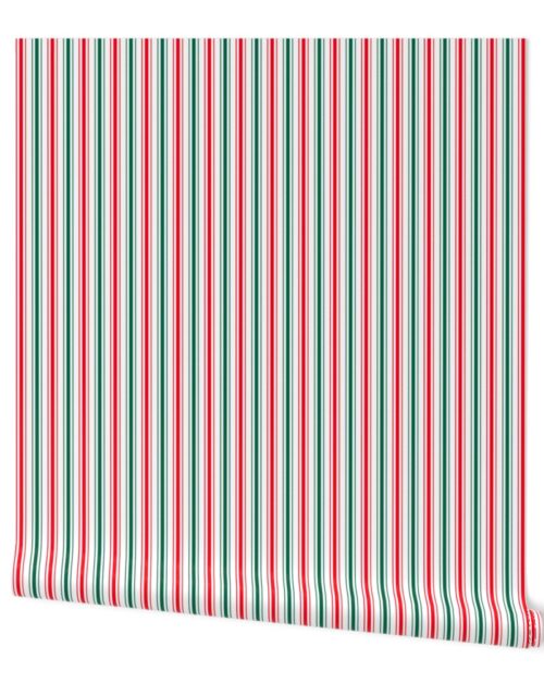 Small Red White and Green Christmas Ticking Stripe Wallpaper
