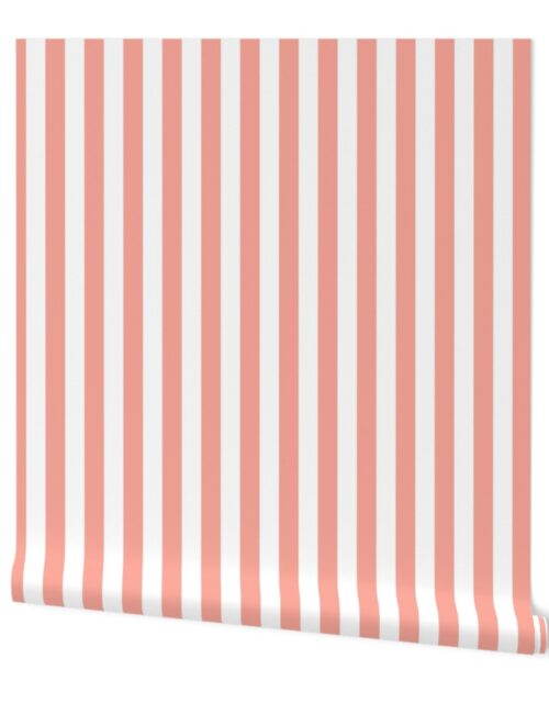 Merry Bright Pastel Peach and White Vertical 1 inch Beach Hut Stripe Wallpaper