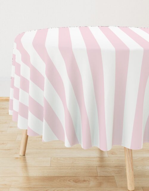 Merry Bright Pale Pink and White Vertical 3 inch Big Top Circus Stripe Round Tablecloth
