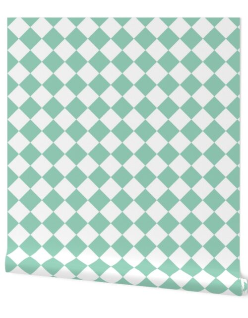 2 inch Diagonal Checkerboard Merry Bright Christmas Harlequin Pattern in Mint Green and White Diamond Checked Wallpaper
