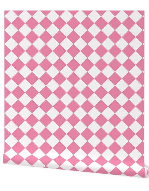 2 inch Diagonal Checkerboard Merry Bright Christmas Harlequin Pattern in Rose Pink and White Diamond Checked Wallpaper