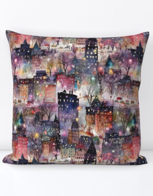 New York City Christmas Street Watercolor Square Throw Pillow