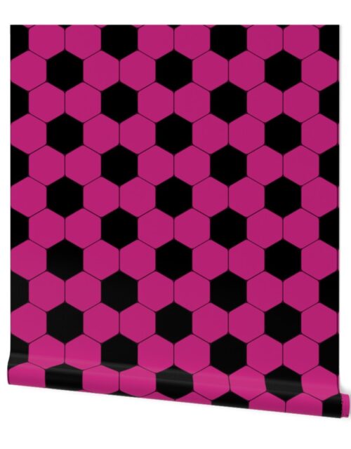 Soccer Mom Pink and Black Hexagonal Soccer Ball Pattern Wallpaper