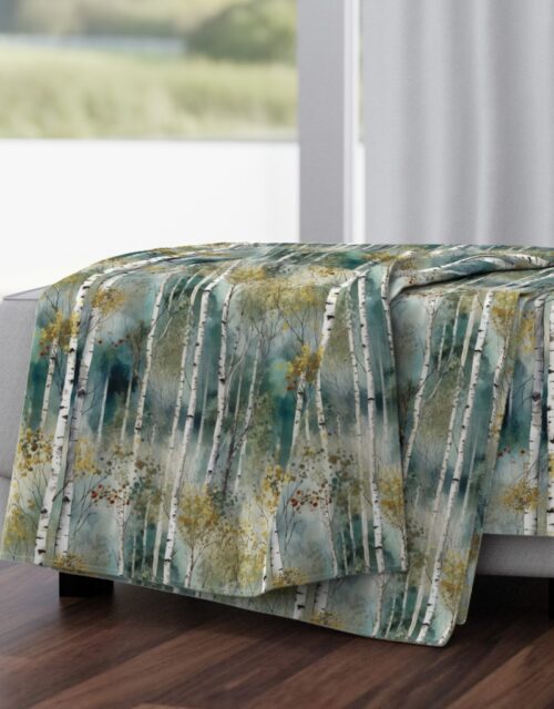 Smaller Endless Birch Tree Dreamscape Trees in Misty Forest Watercolor Throw Blanket