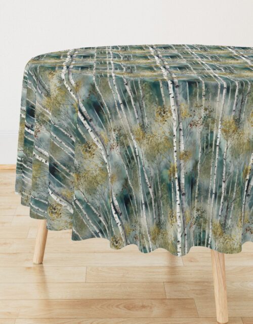 Smaller Endless Birch Tree Dreamscape Trees in Misty Forest Watercolor Round Tablecloth