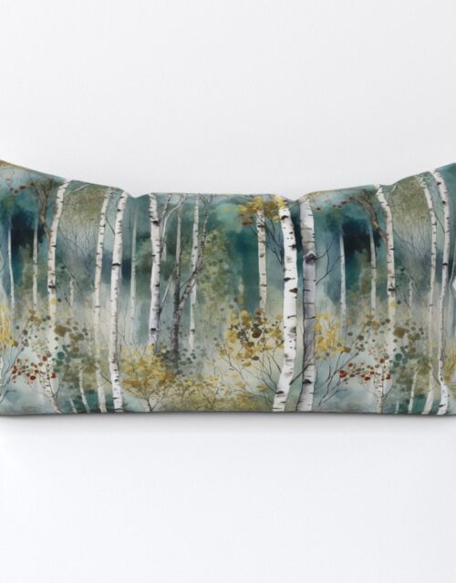 Smaller Endless Birch Tree Dreamscape Trees in Misty Forest Watercolor Lumbar Throw Pillow