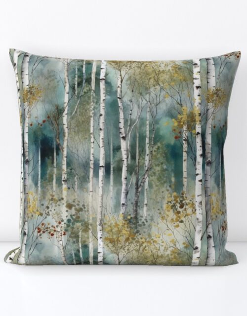 Smaller Endless Birch Tree Dreamscape Trees in Misty Forest Watercolor Square Throw Pillow