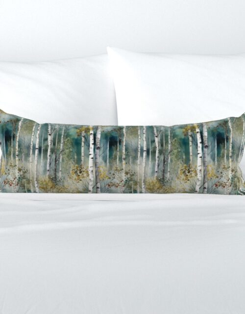 Smaller Endless Birch Tree Dreamscape Trees in Misty Forest Watercolor Extra Long Lumbar Pillow