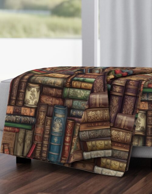 Stacked Bound Vintage Books on Library Book Shelf Throw Blanket