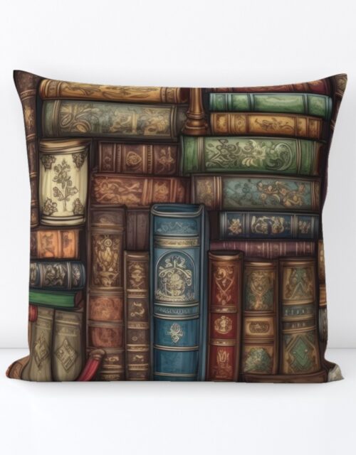 Stacked Bound Vintage Books on Library Book Shelf Square Throw Pillow