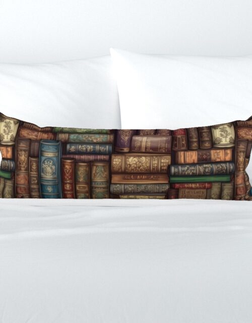 Stacked Bound Vintage Books on Library Book Shelf Extra Long Lumbar Pillow