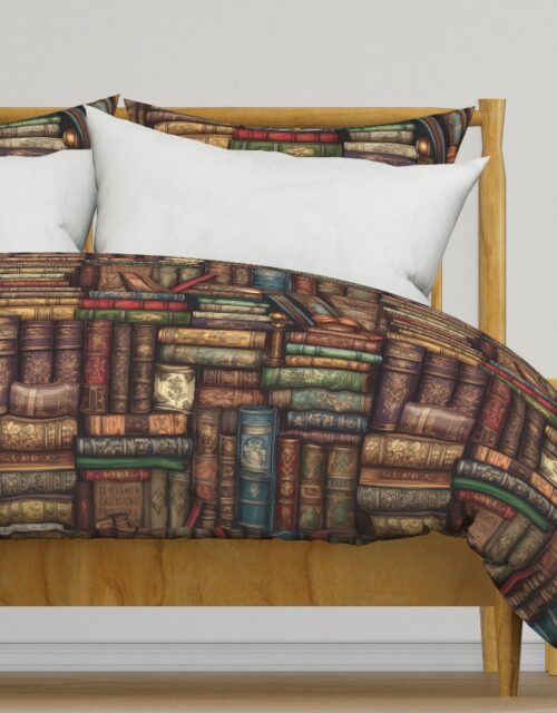 Stacked Bound Vintage Books on Library Book Shelf Duvet Cover