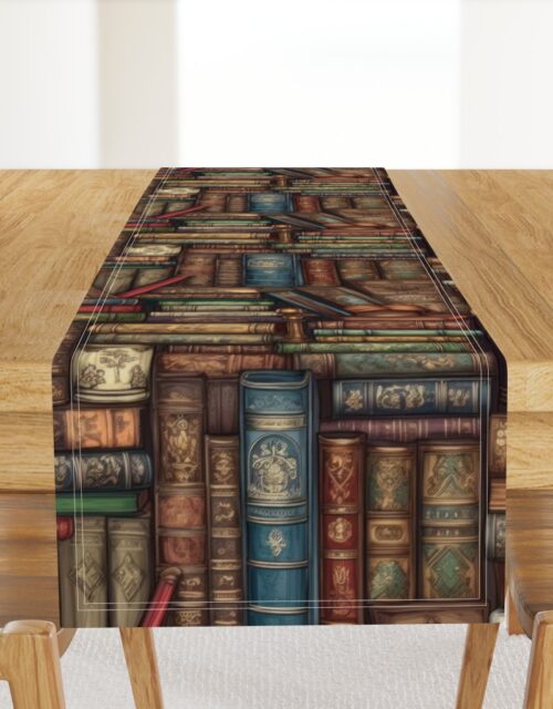 Stacked Bound Vintage Books on Library Book Shelf Table Runner