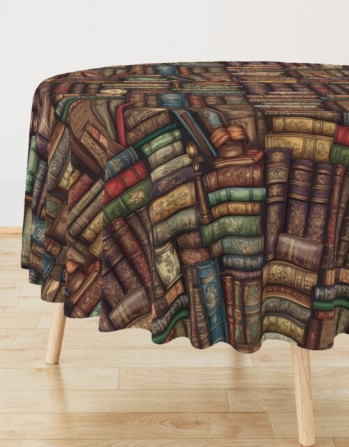 Stacked Bound Vintage Books on Library Book Shelf Round Tablecloth