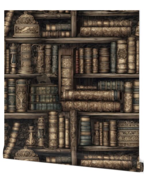 Stacked Bound Vintage Books in Muted Tones on Library Book Shelf Wallpaper