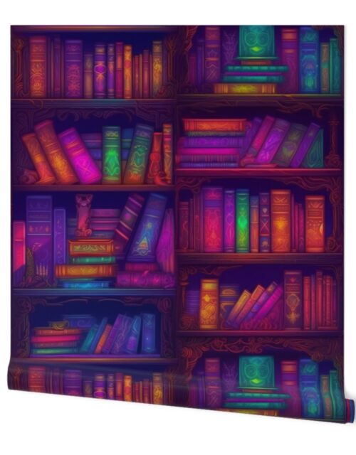 Wizard  Spooky Neon Halloween Books on Library Spell Book Shelf Wallpaper
