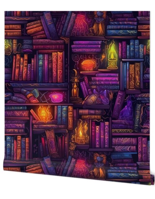 Witch Spooky Neon Halloween Books on Library Spell Book Shelf Wallpaper