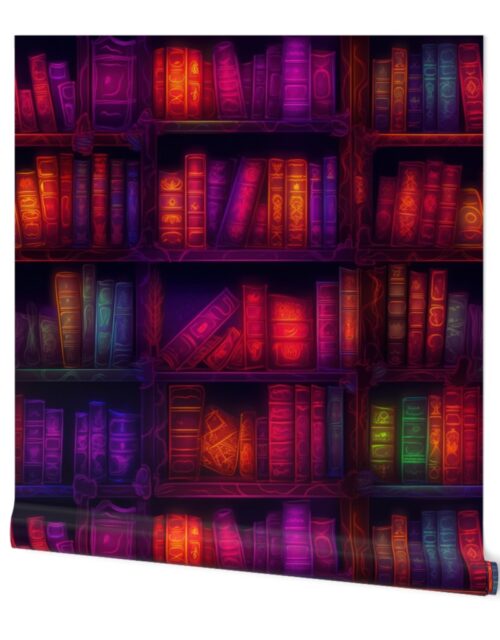 Warlock Spooky Neon Halloween Books on Library Spell Book Shelf Wallpaper