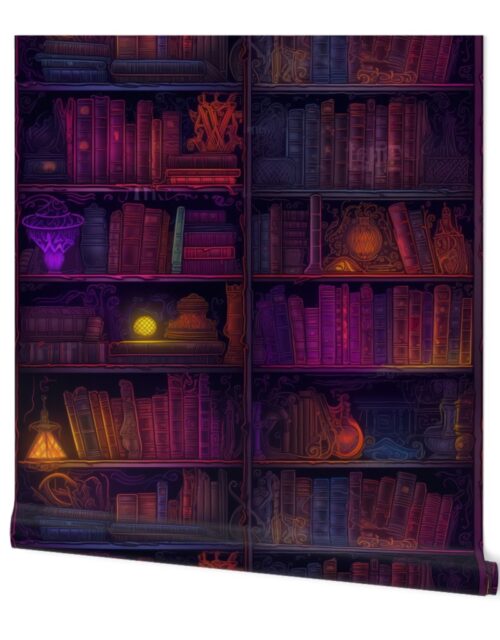 Magician Spooky Neon Halloween Books on Library Spell Book Shelf Wallpaper