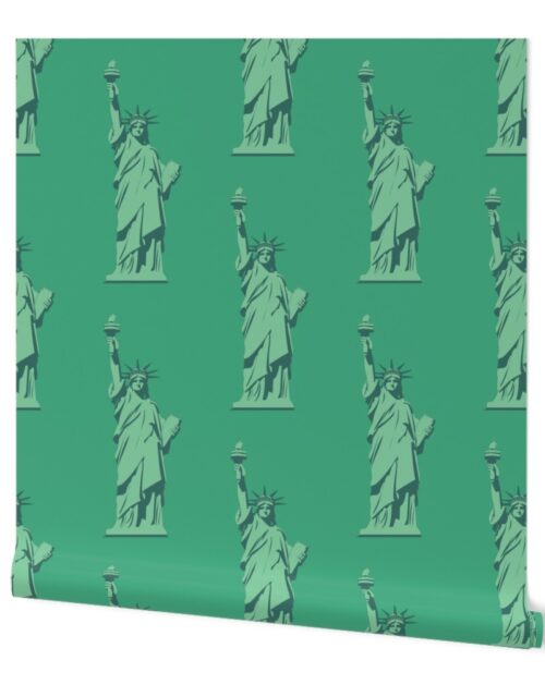 Lady Liberty Statues Repeat in Beguiling Green Wallpaper