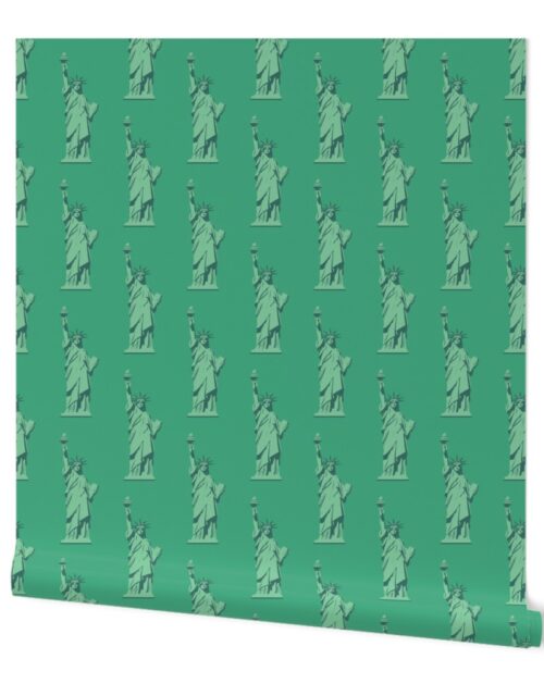 Small Lady Liberty Statues Repeat in Beguiling Green Wallpaper