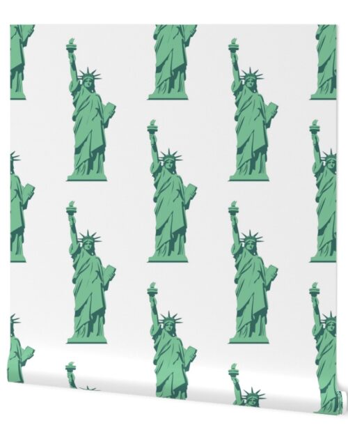 Lady Liberty Statues Repeat in Beguiling Green on White Wallpaper