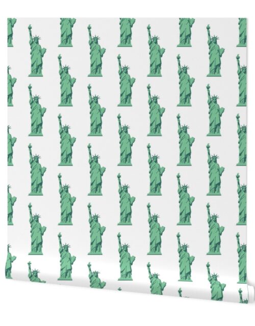 Small Lady Liberty Statues Repeat in Beguiling Green on White Wallpaper
