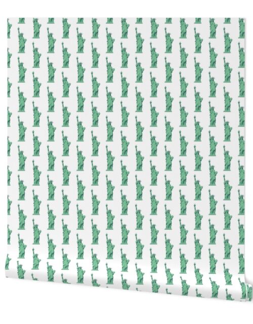 Mini Lady Liberty Statues Repeat in Beguiling Green on White Wallpaper