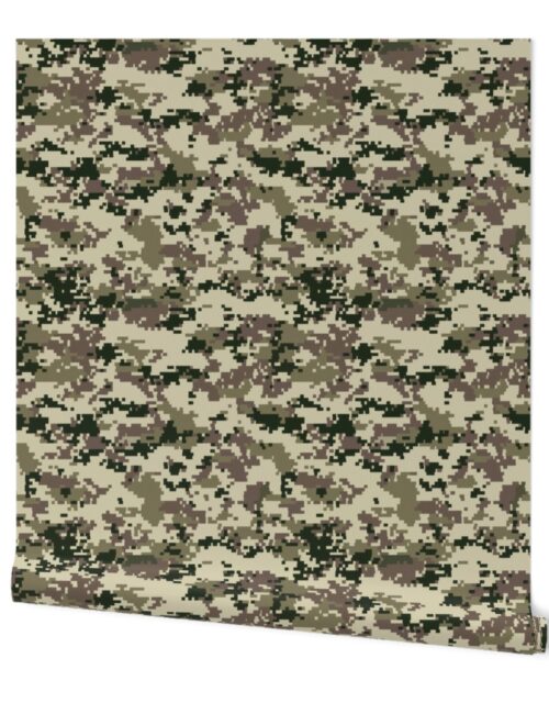 Digital Camouflage in Pixellated Swatches of Kkaki Beige, Olive Drab and Black Wallpaper
