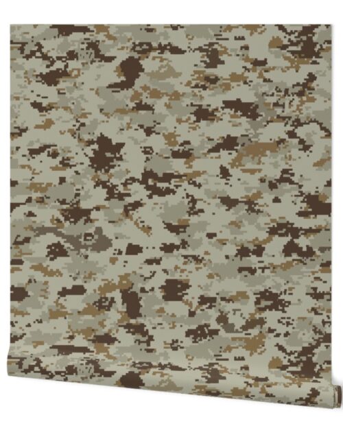 Digital Camouflage in Pixellated Swatches of Kkaki Beige, Olive Drab and Clay Brown Wallpaper