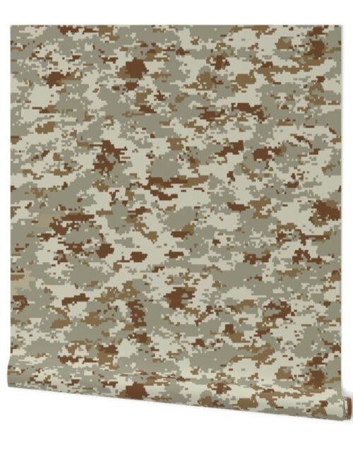Digital Camouflage in Pixellated Swatches of Kkaki Beige, Desert Sage and Clay Brown Wallpaper