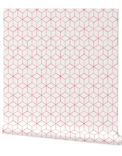 Red and White  Faux Metallic Silver Art Deco 3D Geometric Cubes Wallpaper