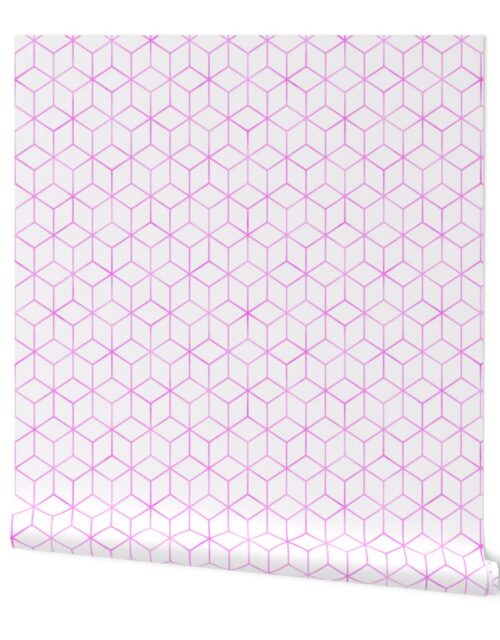 Pink and White  Faux Metallic Silver Art Deco 3D Geometric Cubes Wallpaper