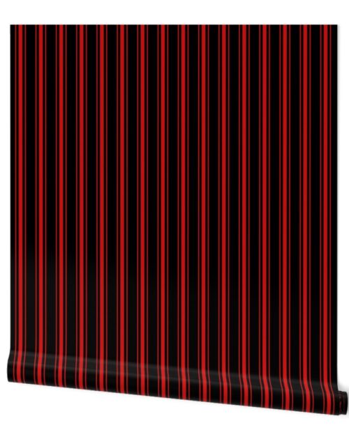 Small Mattress Ticking Wide Striped Pattern Jet Black on Red Wallpaper
