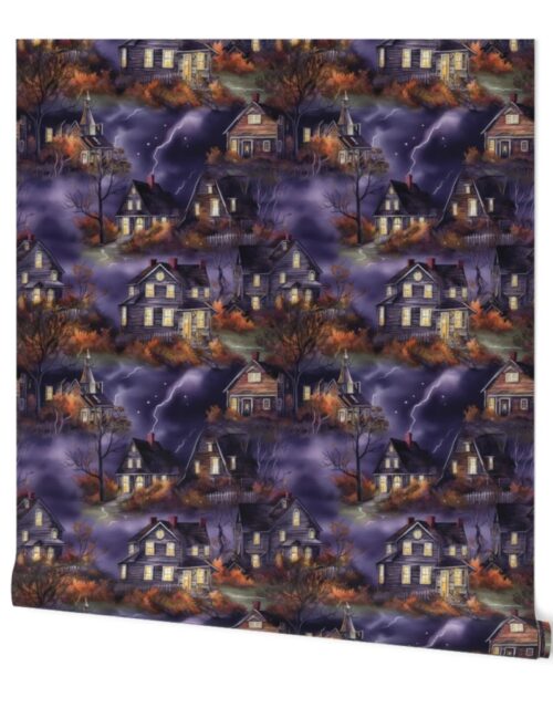 New England Haunted Village at Night with Purple Spooky Lightning Storm Wallpaper