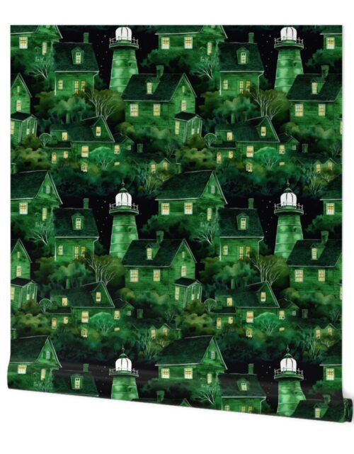 Bright Green Haunted New England Village Watercolor with Lighthouse Wallpaper