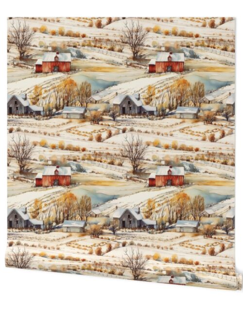 Winter Snowy Farm Landscape Watercolor Wallpaper