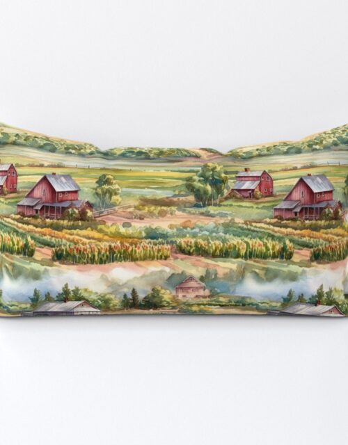 Summer Farm Landscape Watercolor Lumbar Throw Pillow