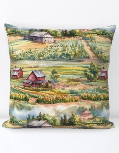 Summer Farm Landscape Watercolor Square Throw Pillow