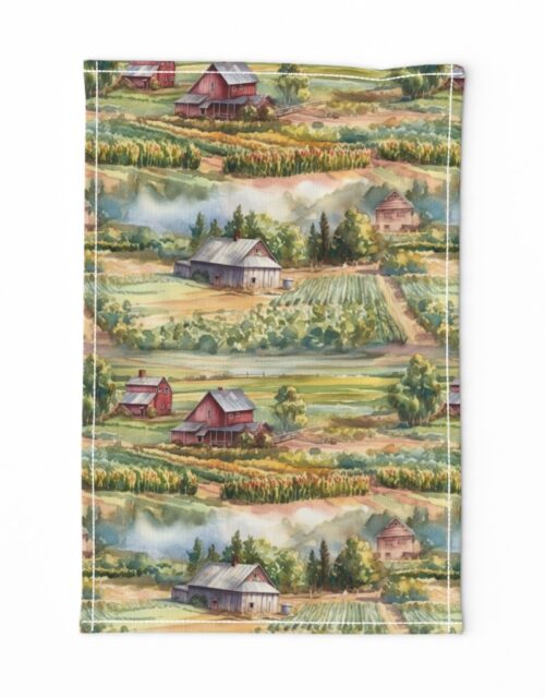 Summer Farm Landscape Watercolor Tea Towel