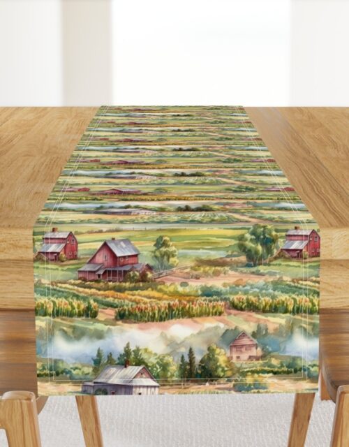Summer Farm Landscape Watercolor Table Runner