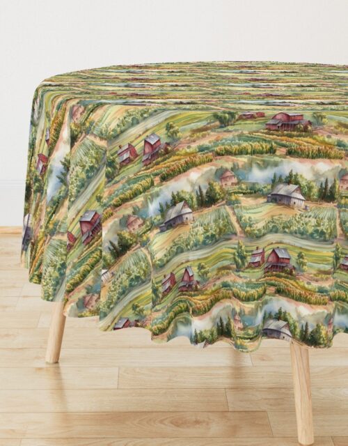 Summer Farm Landscape Watercolor Round Tablecloth
