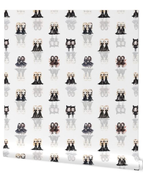 3 inch Big-Eyed Evil Doll Twins in Black with Ghostly Reflection Shadows Wallpaper