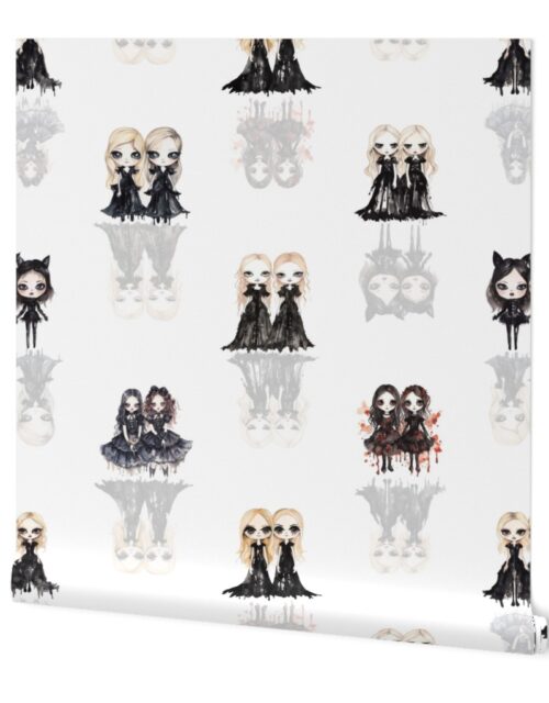 6 inch Big-Eyed Evil Doll Twins in Black with Ghostly Reflection Shadows Wallpaper