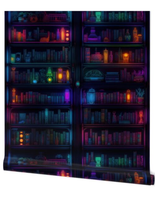 Spooky Photo-realistic Dark Academia Bookshelves in Bright Neons with Glowing Lanterns Wallpaper